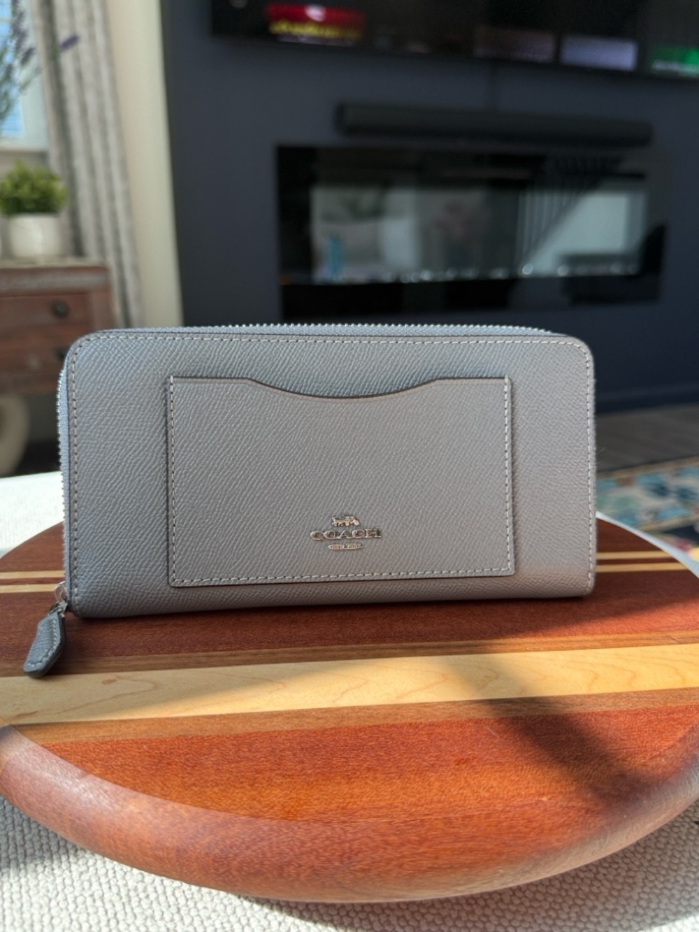 Coach Light Gray Zip-Around Leather Wallet with Exterior Card Pocket